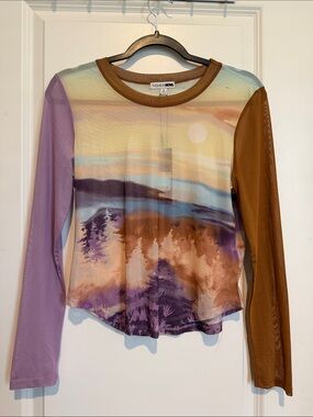 Fashion Nova Multicolor Scenic Print Long Sleeve Top — Lavender & Brown Sleeves